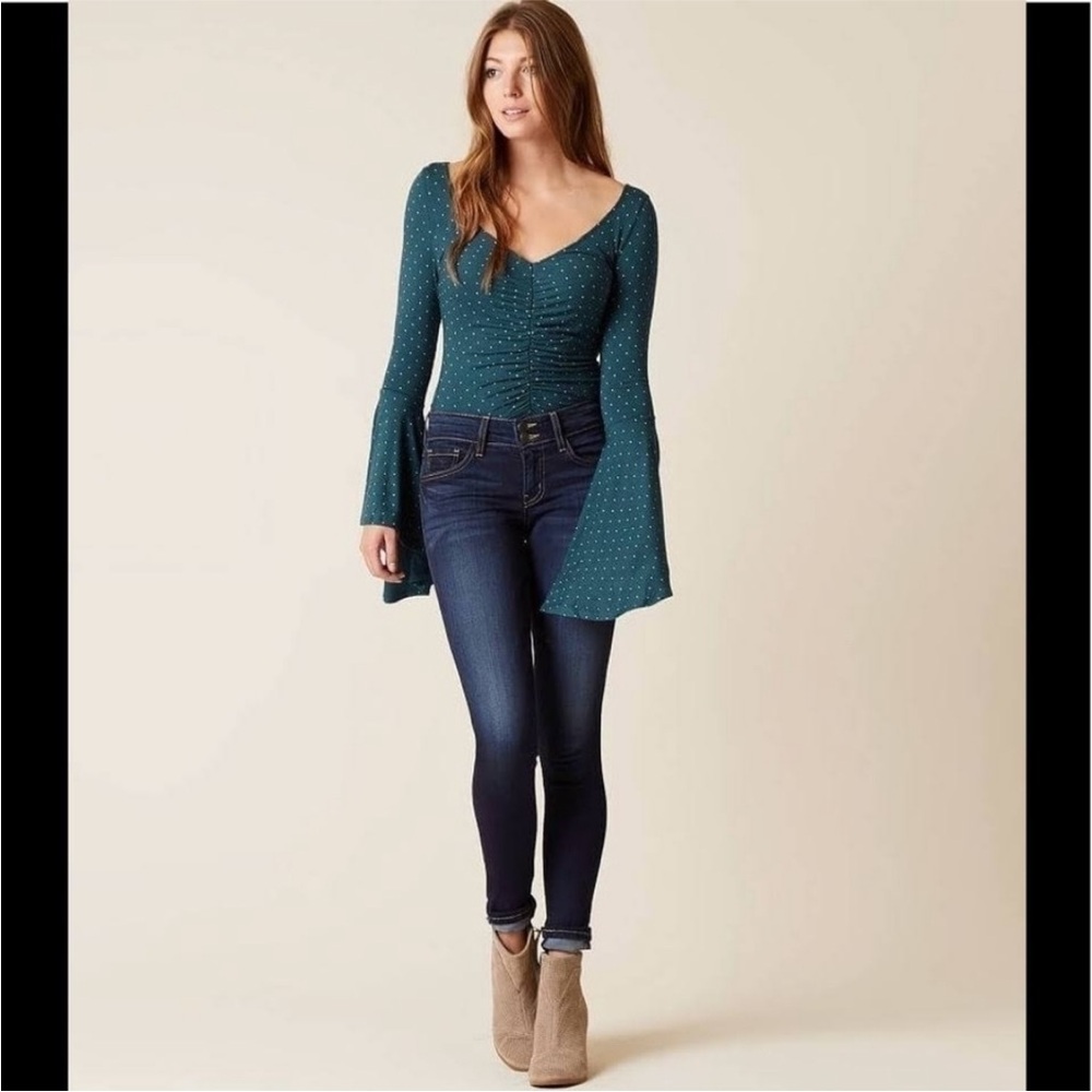 🍀 3/$30 We the Free what a babe polka dot ruched cinched bell sleeve bohemian XS - Picture 2 of 13